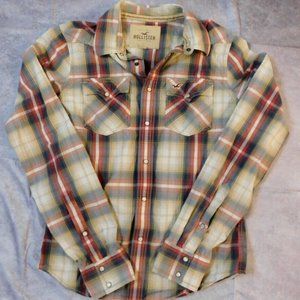Hollister Shirt Large Tan/Red Plaid Western Pearl Snap Button Down Men's